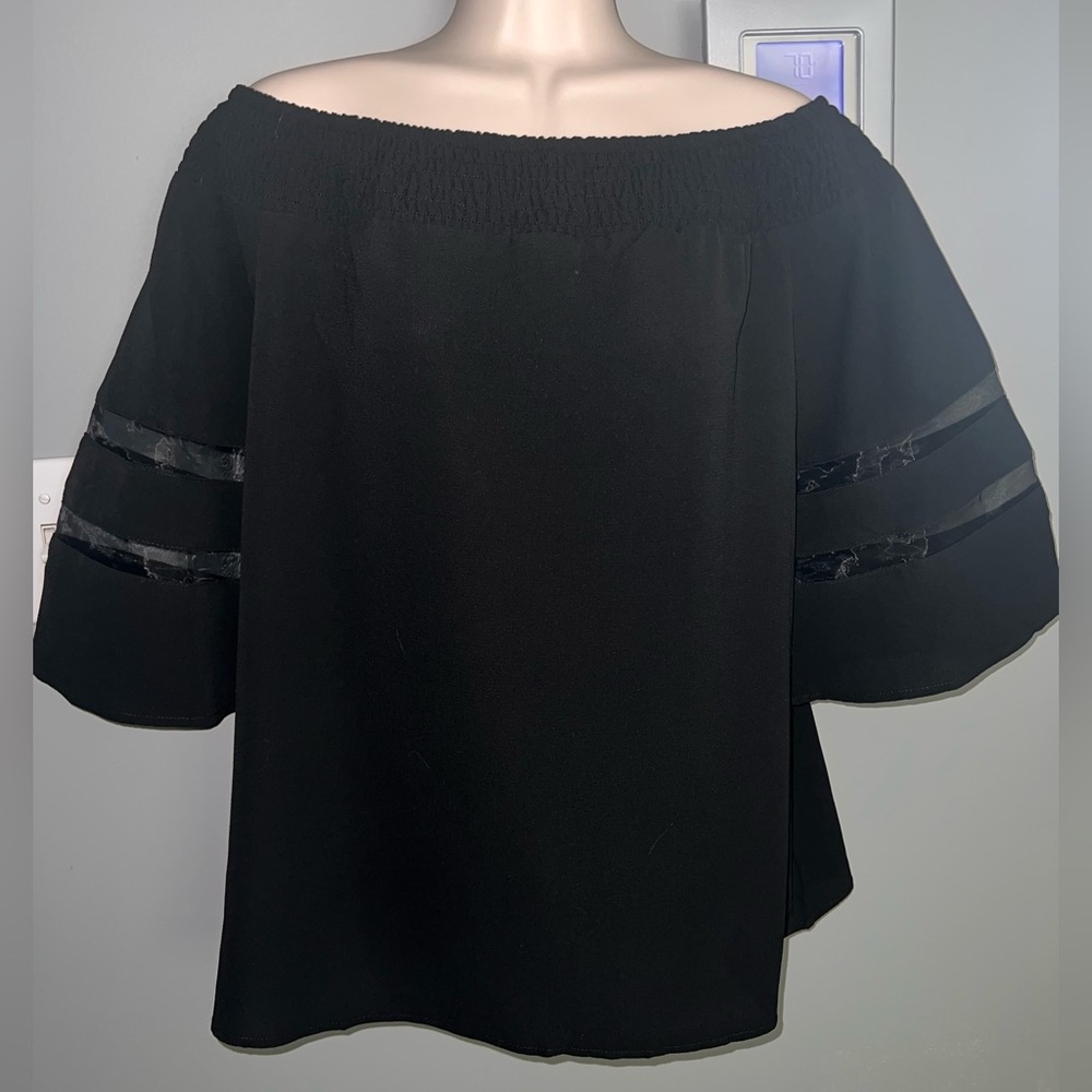 Black Cropped See Through Sleeve Off Shoulder Top - Size M